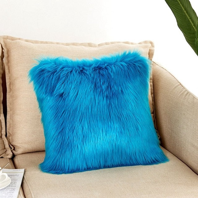 Emma Vista Blue Faux Fur Square Throw Pillow